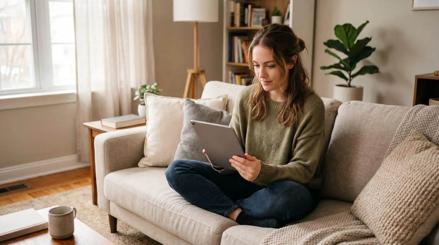 Une personne consultant une comparaison de frais bancaires sur une tablette dans son salon