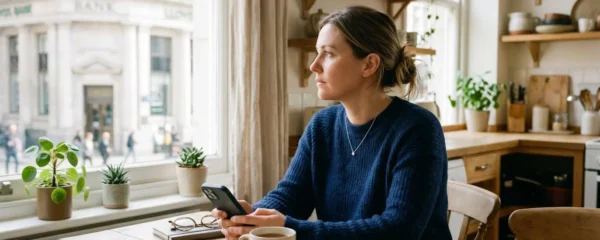 Un particulier comparant des offres bancaires sur son smartphone, assis dans un espace lumineux