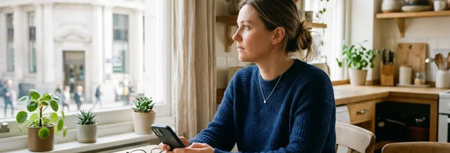 Un particulier comparant des offres bancaires sur son smartphone, assis dans un espace lumineux