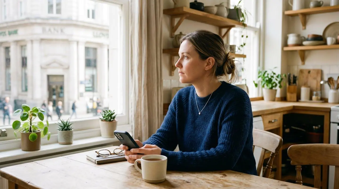 Un particulier comparant des offres bancaires sur son smartphone, assis dans un espace lumineux