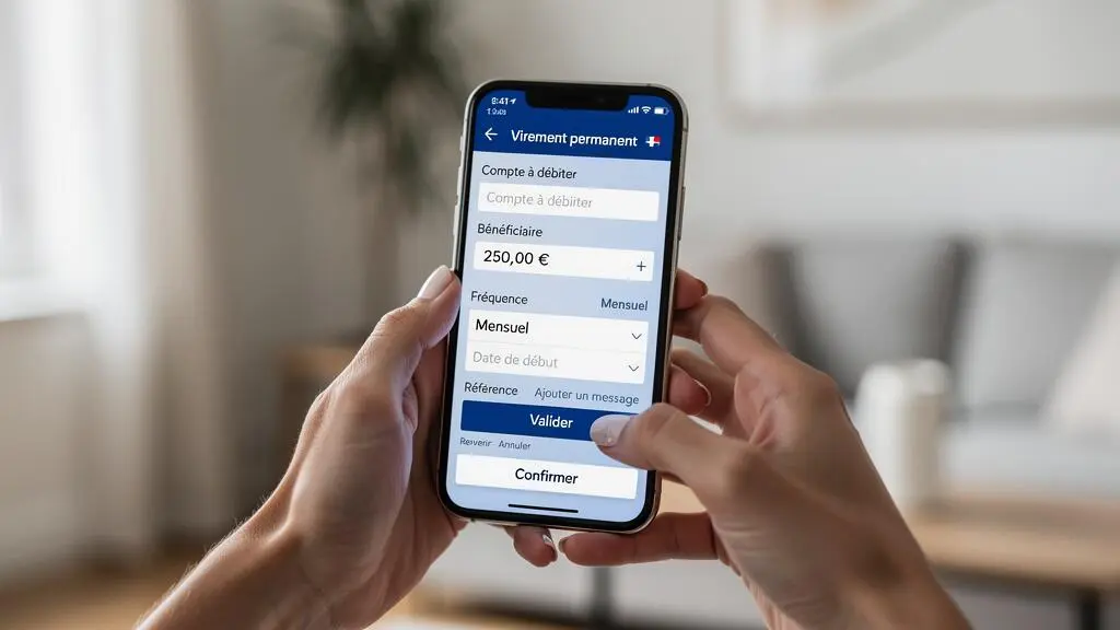 Une personne dans la trentaine configure un virement automatique depuis son smartphone en utilisant une application bancaire mobile.