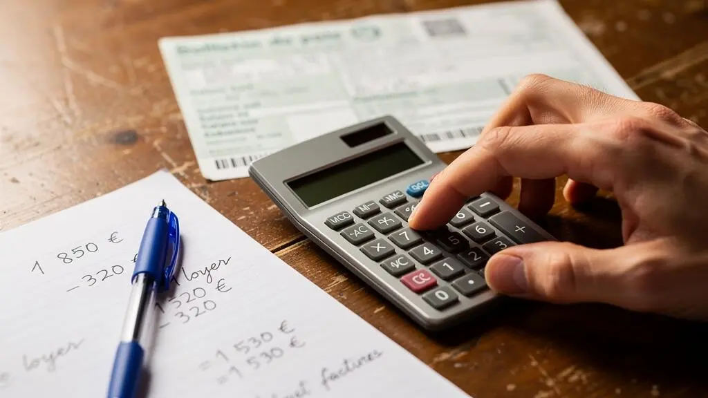 Gros plan sur des mains utilisant une calculatrice pour effectuer des calculs budgétaires, avec un bulletin de salaire flouté et des notes manuscrites sur la table.