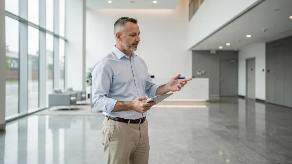 Gestionnaire d'actifs immobiliers inspectant un bien commercial avec une tablette numérique dans un hall d'immeuble moderne.