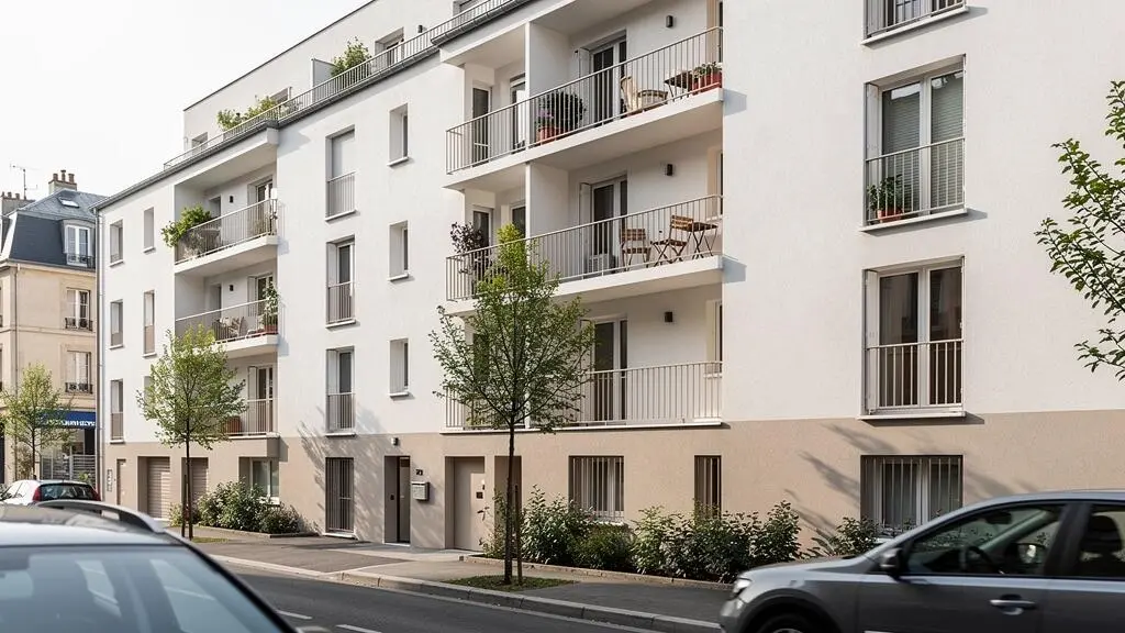 Façade d'un immeuble résidentiel collectif moderne avec balcons et architecture contemporaine.