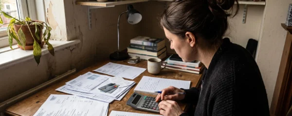 Une personne dans la trentaine organise méthodiquement ses finances personnelles à domicile, penchée sur des documents financiers étalés sur une table avec calculatrice et notes manuscrites.