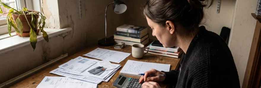 Une personne dans la trentaine organise méthodiquement ses finances personnelles à domicile, penchée sur des documents financiers étalés sur une table avec calculatrice et notes manuscrites.