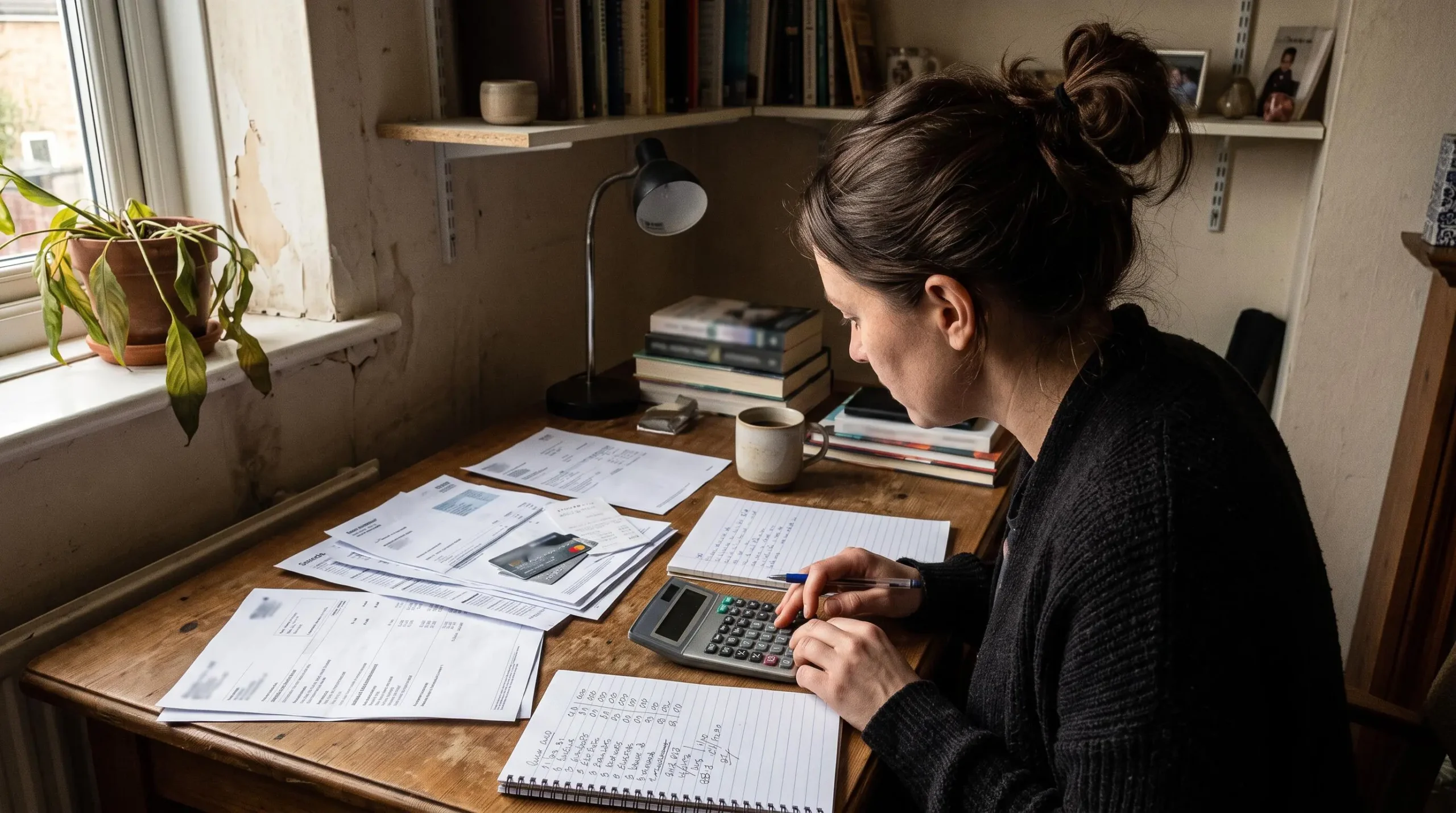 Une personne dans la trentaine organise méthodiquement ses finances personnelles à domicile, penchée sur des documents financiers étalés sur une table avec calculatrice et notes manuscrites.