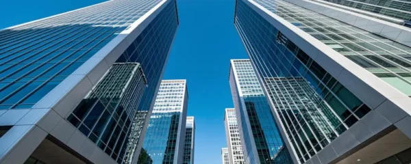 Vue de tours de bureaux modernes en verre et acier dans un quartier d'affaires français.