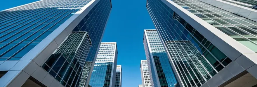 Vue de tours de bureaux modernes en verre et acier dans un quartier d'affaires français.