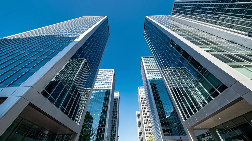 Vue de tours de bureaux modernes en verre et acier dans un quartier d'affaires français.