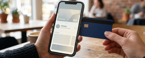 Téléphone affichant une interface bancaire générique à côté d’une carte de paiement