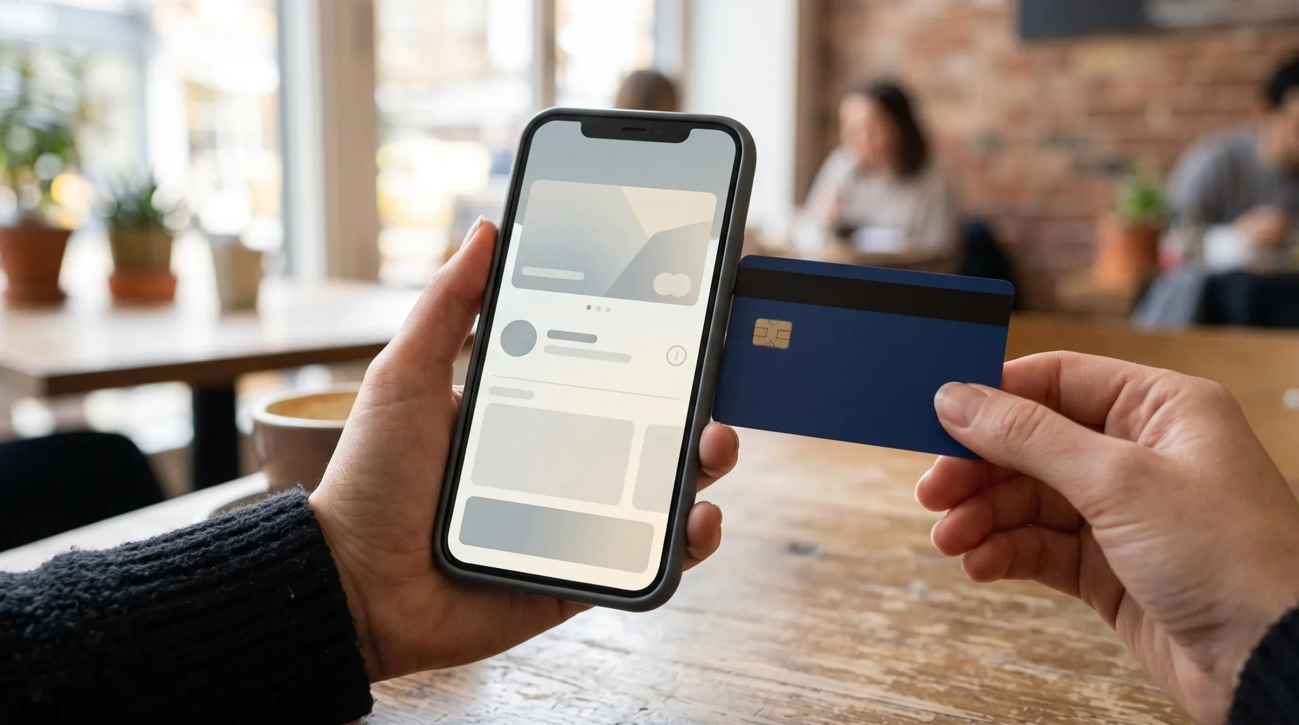 Téléphone affichant une interface bancaire générique à côté d’une carte de paiement