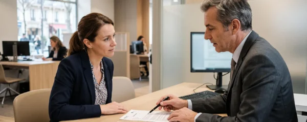 Cliente discutant de documents bancaires avec un conseiller dans une agence.