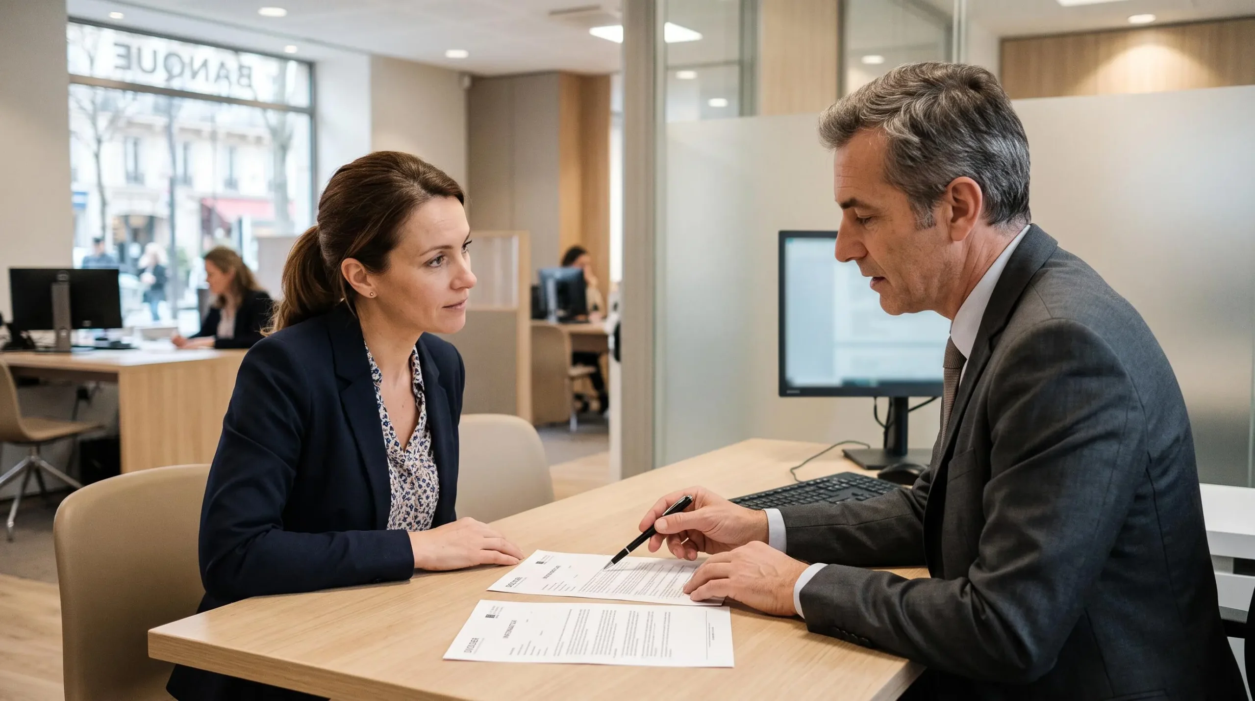 Cliente discutant de documents bancaires avec un conseiller dans une agence.