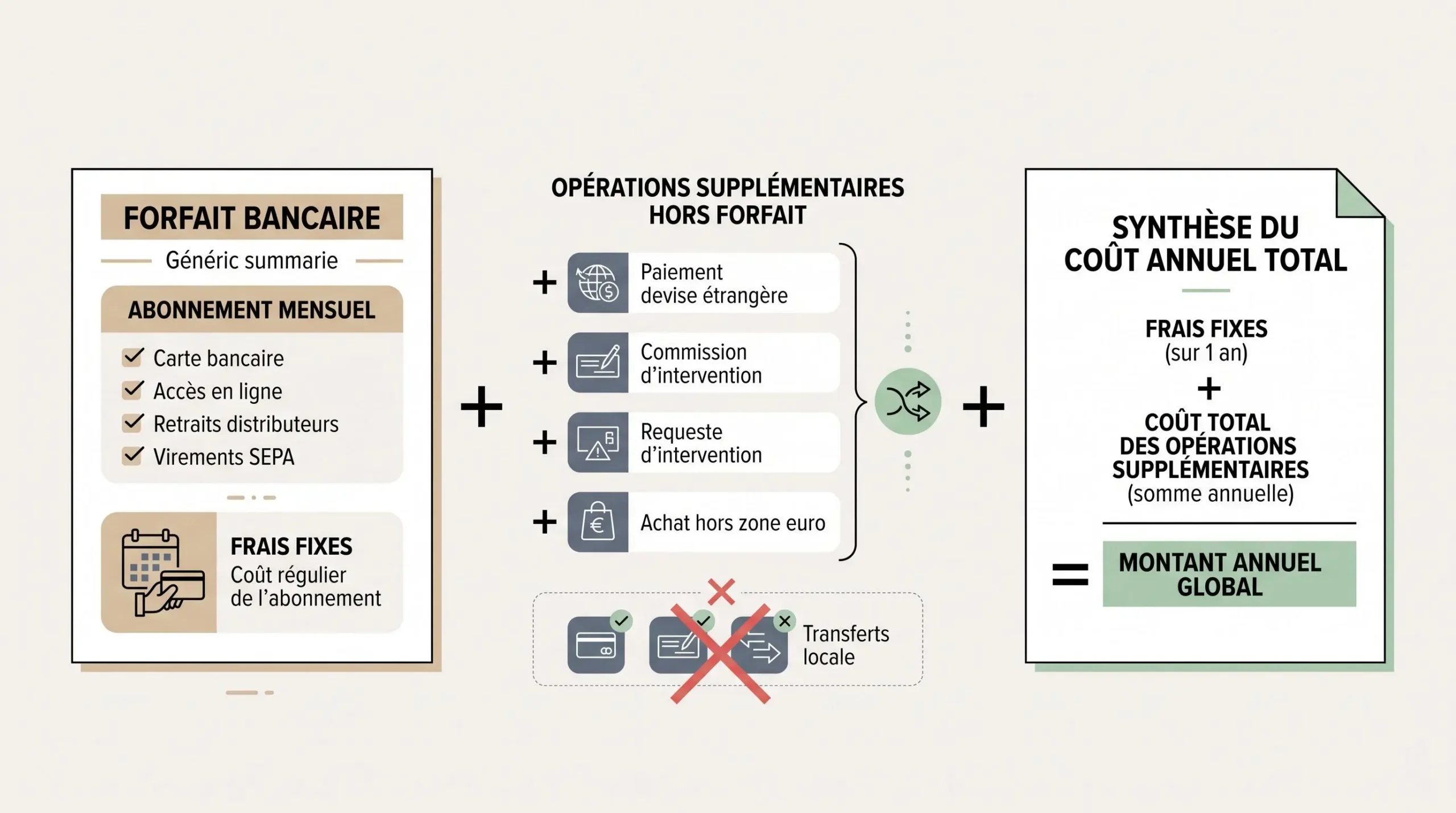 Schéma expliquant que le coût annuel comprend le forfait et les opérations supplémentaires non incluses.