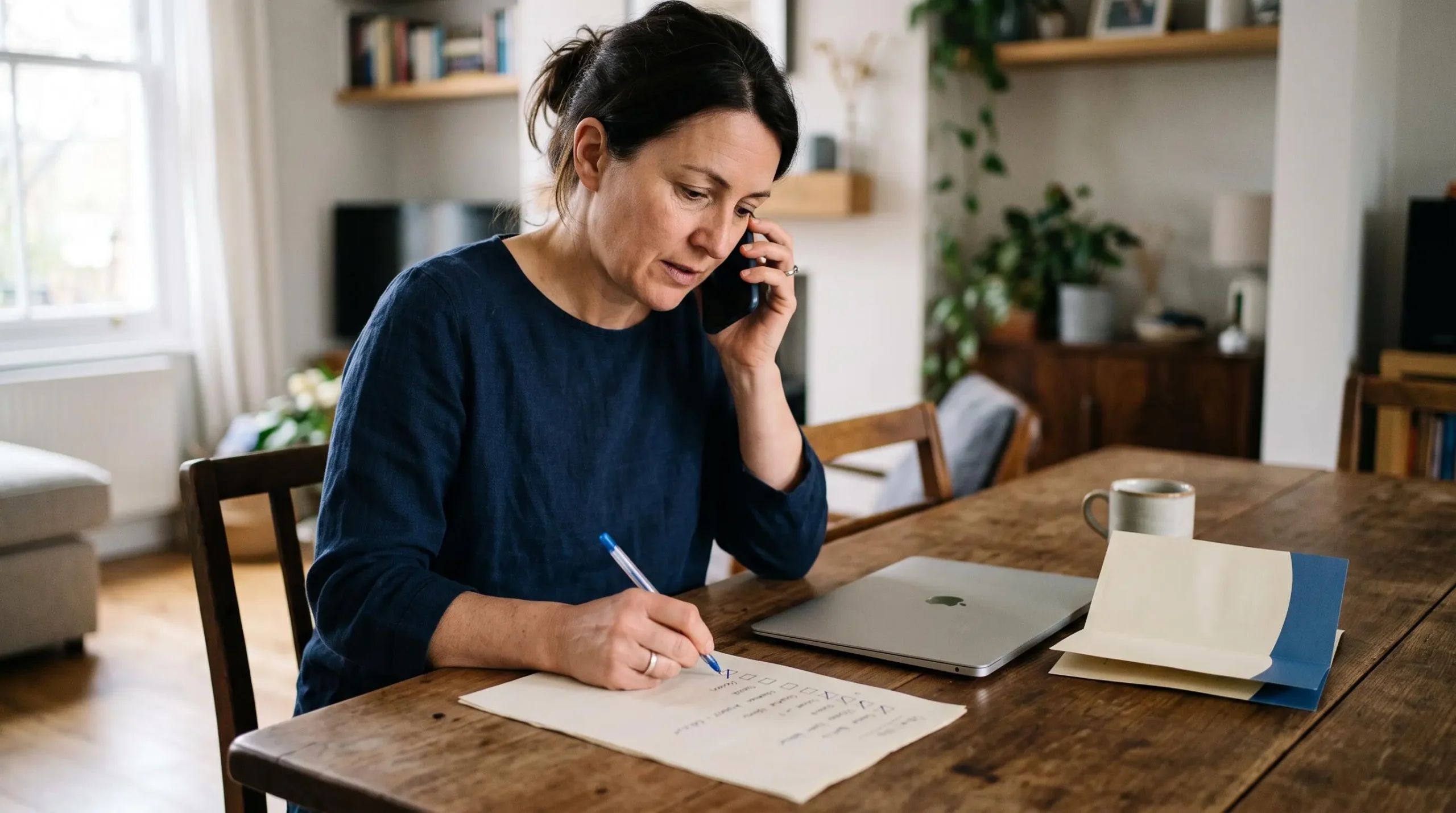 Personne notant les modalités de rendez-vous lors d'un échange téléphonique avec une agence bancaire.